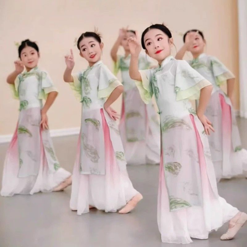 儿童古典舞寻茶演出服旗袍舞蹈服新中式练功演出服扇子舞伞舞表演