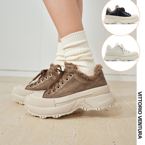 张雨绮同款VITTORIO VENTURA薇薇燃 牛皮厚底毛毛鞋加绒板鞋