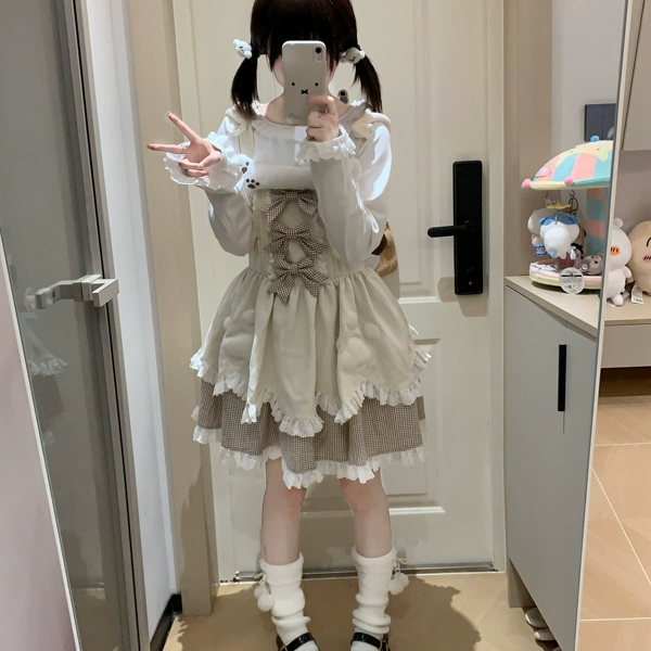 原创小狗帽子Lolita女儿服软萌少女萝莉蝴蝶结可爱嫩黄背带连衣裙