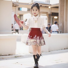 女童中国风短款马面裙2025夏季新款女孩汉服中大童短袖学生半身裙