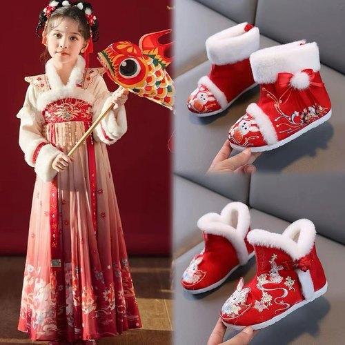 女童汉服鞋冬季公主古装棉鞋中国风绣花鞋民族风雪地靴加绒拜年鞋