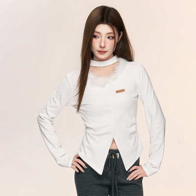ISTYNI官方授权 白色毛领收褶上衣加绒
