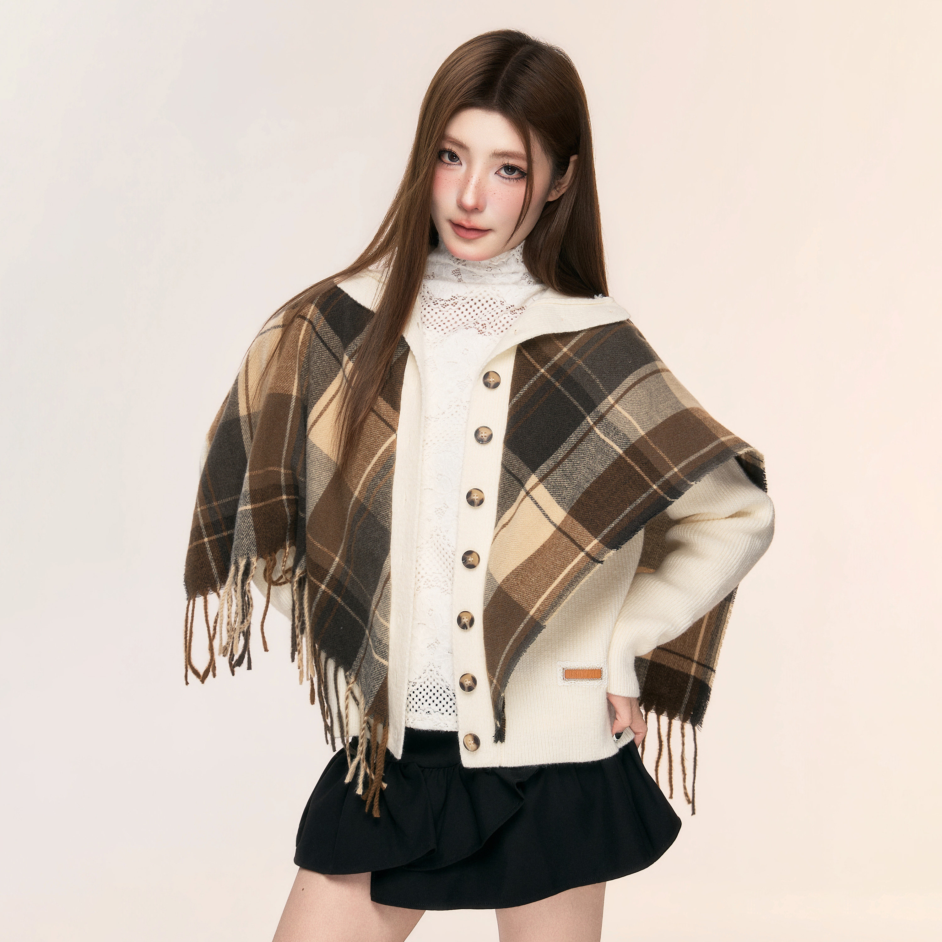 ISTYNI官方授权围巾拼接针织小立领针织开衫设计感时尚上衣女秋冬