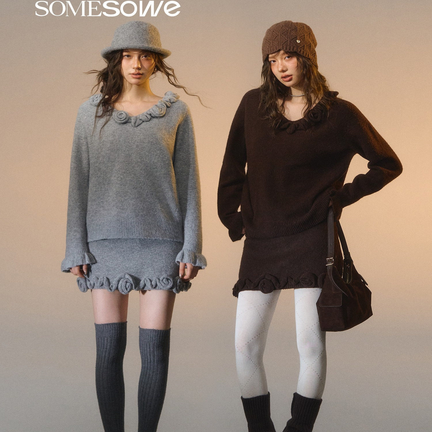 董璇同款SOMESOWE立体玫瑰V领长袖毛衣A字针织半裙时尚套装女秋冬