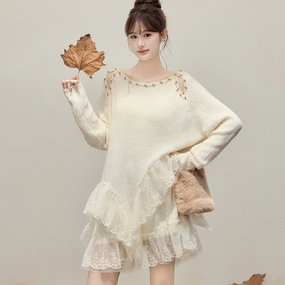 LYRCCOA 官方授权 荷叶边拼接镂空钉钻毛衣裙设计感宽松连衣裙女