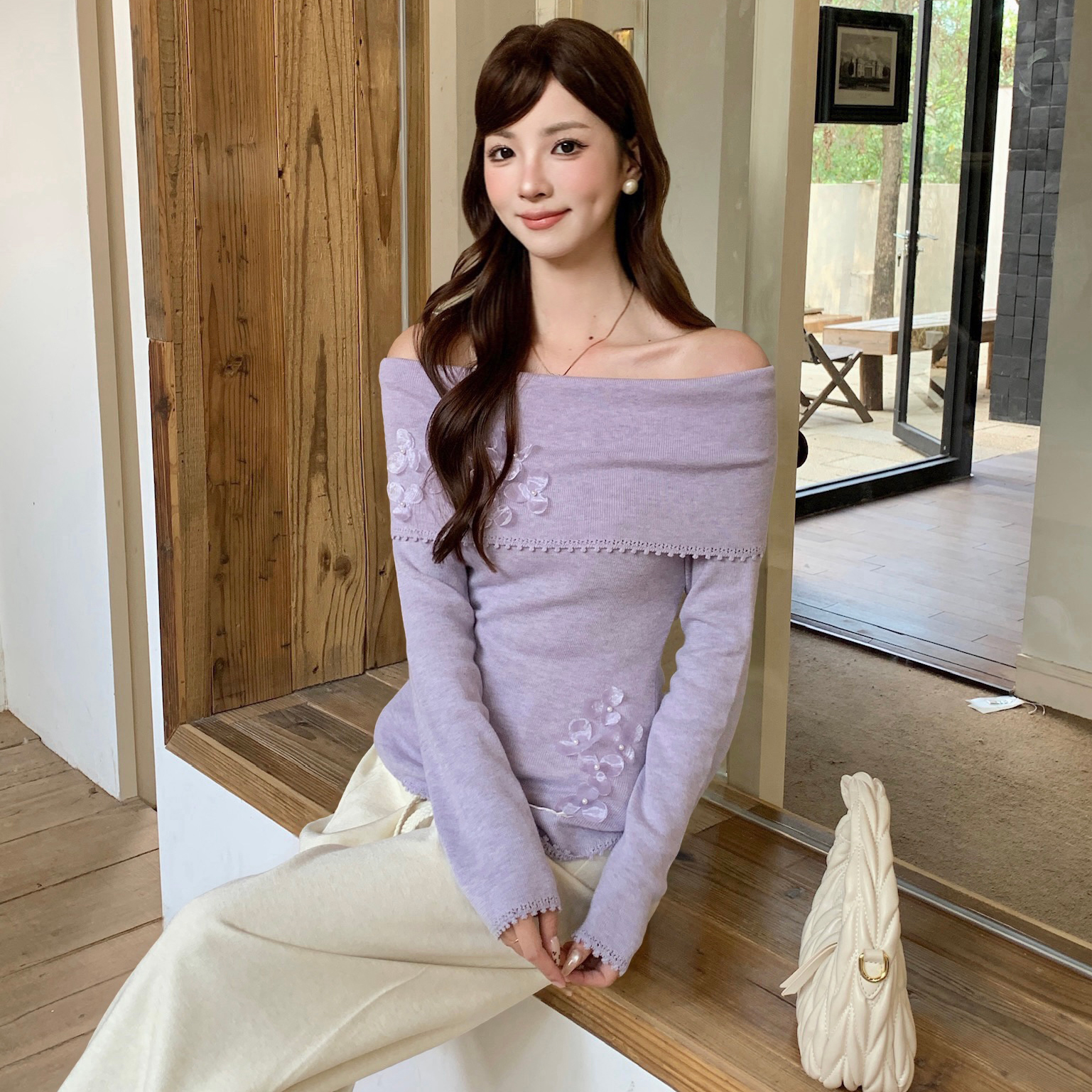 ISTYNI买手店紫色花朵一字肩针织衫女修身显瘦洋气休闲上衣秋新款