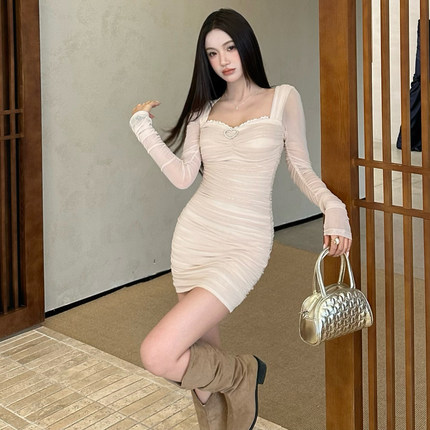 ICYNUDE买手店杏色网纱修身包臀裙显瘦长袖连衣裙女气质性感裙子