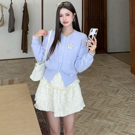 ICYNUDE官方授权 紫色珍珠扣针织开衫气质宽松休闲长袖上衣女秋冬