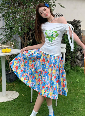 ICYNUDE 买手店蓝底花色篷篷裙高腰显瘦甜美休闲半身裙女长裙新款