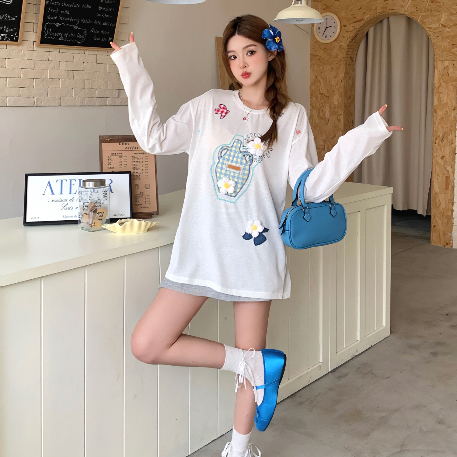 ISTYNI 设计师白色贴布圆领长袖T恤女宽松甜美设计感花朵上衣女夏
