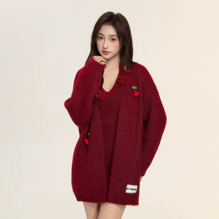 ICYNUDE官方授权 酒红勾花裙开衫两件套气质甜美针织时尚套装女秋