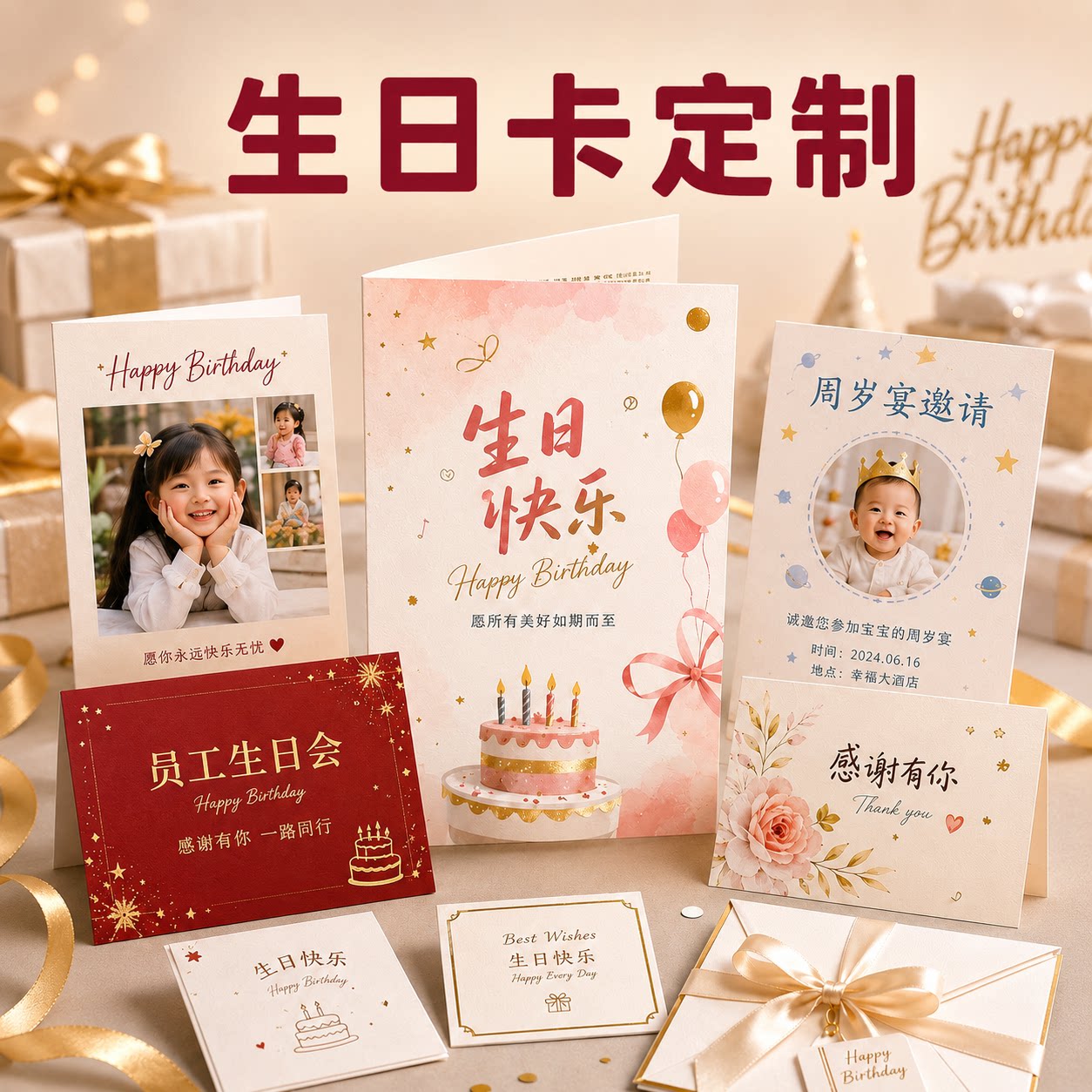 生日卡片定制贺卡宝宝周岁卡邀请卡员工祝福卡感谢卡来图设计制作