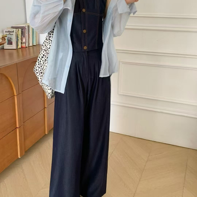 Victory2春时尚气质休闲长袖防晒衬衫+吊带+阔腿裤牛仔套装三件套