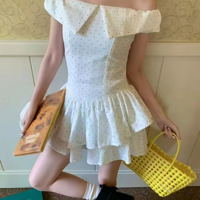 2025夏十三行法式一字肩波点套装