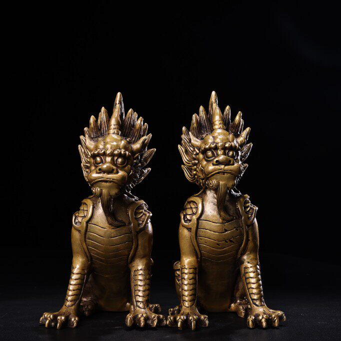 古玩收藏纯铜麒麟一对家居玄关装饰工艺品瑞兽祥瑞麒麟铜摆件