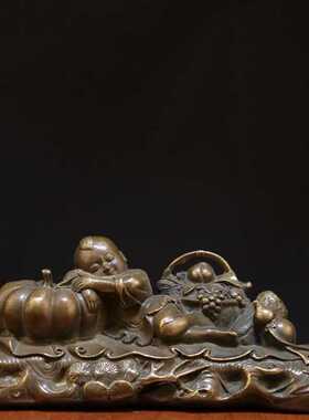 古玩收藏纯铜仿古人物摆件五谷丰登高枕无忧家居客厅摆件装饰品