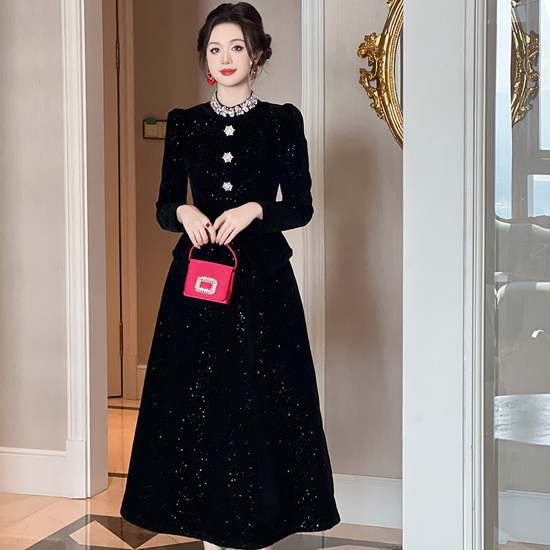NICELADY奶昔小姐 黑色连衣裙名媛气质镶钻单排扣收腰显高A字裙