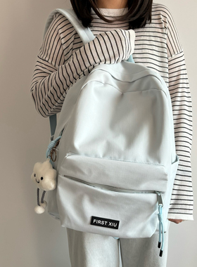 轻便书包女简约纯色高中大学生双肩包韩版蓝色系旅游通勤电脑背包