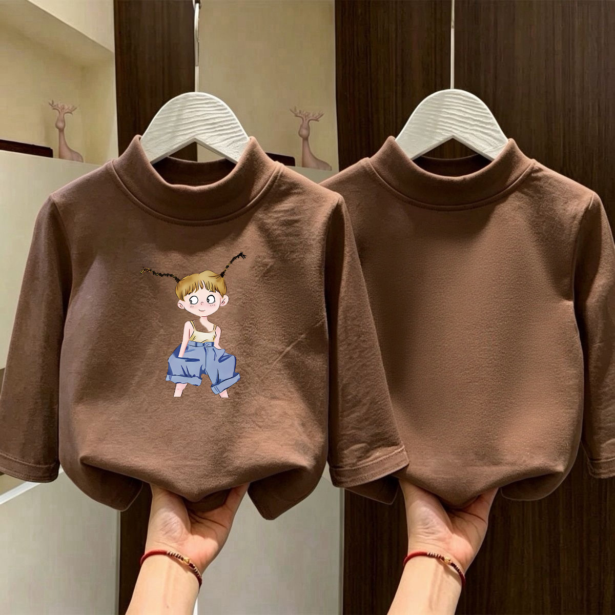 秋冬女童德绒长袖打底衫儿童保暖上衣半高领宝宝卡通内搭童装秋衣