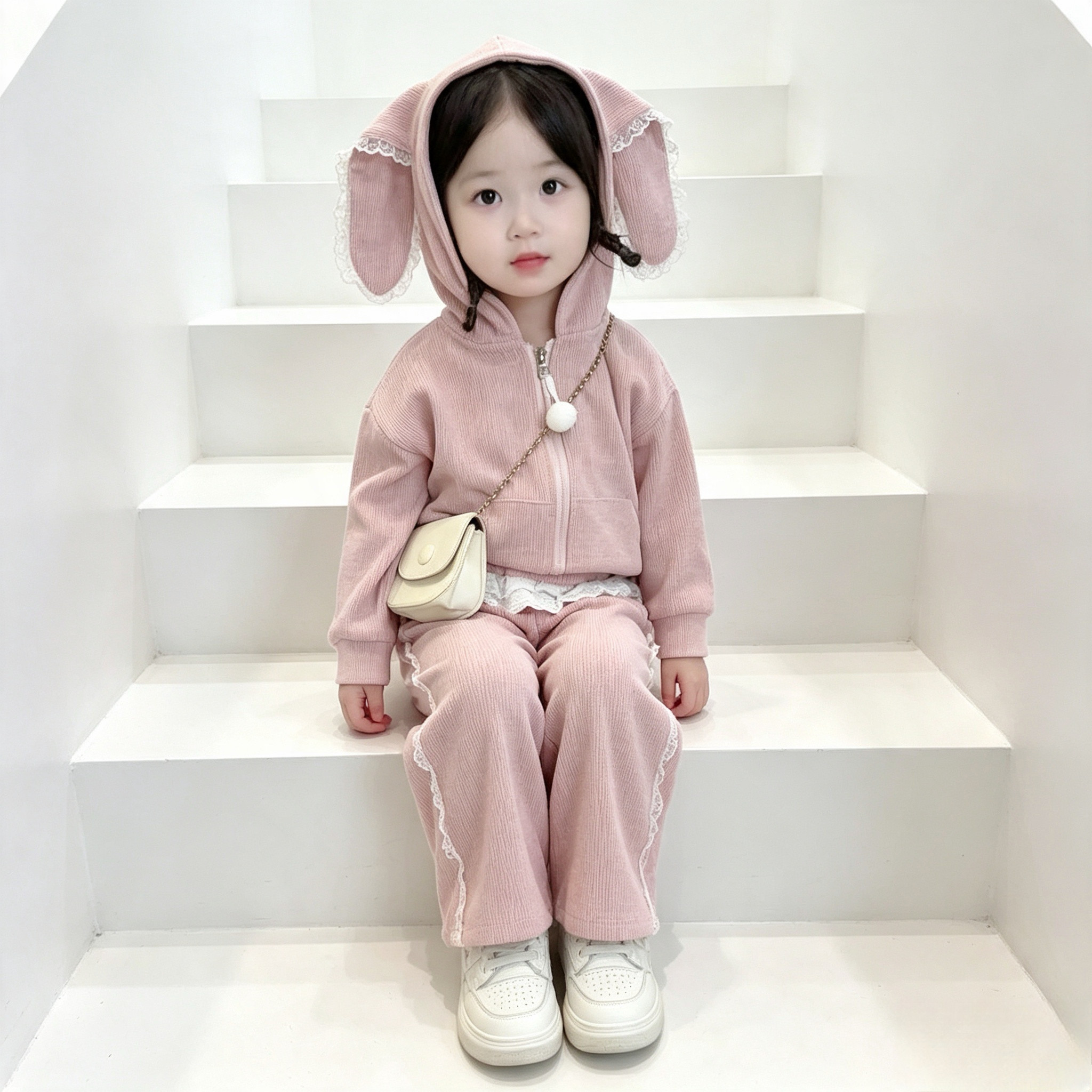 女童秋冬2026新款爆款春秋洋气儿童花边兔耳朵蕾丝连帽卫衣两件套