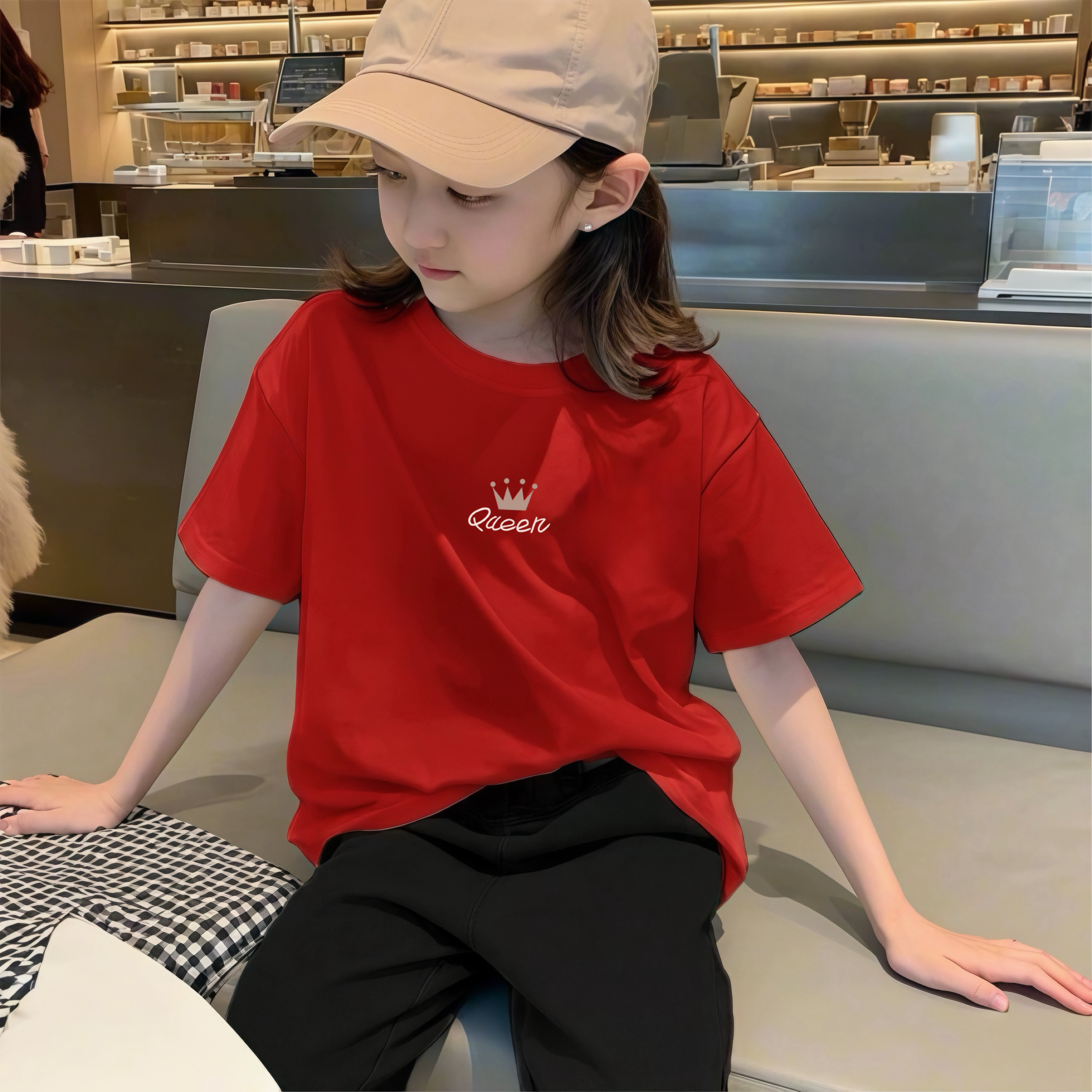 时尚韩版女宝宝白色宽松纯棉短袖女童可爱t恤圆领儿童洋气上衣T