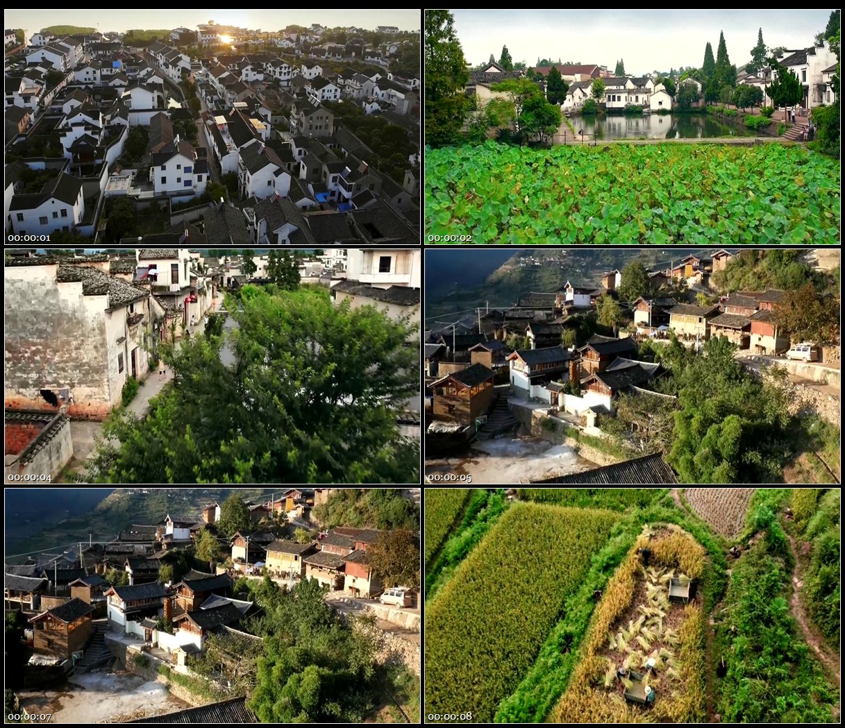 航拍山川雾气村子池塘荷叶良田收割山水田园风景高清实拍视频素材