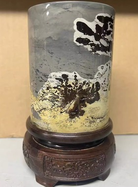 天然草花石头笔筒国画石奇石摆件黑檀木旋转底座圆柱毛笔旋转笔筒