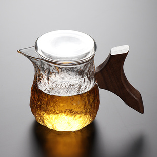 加厚耐高温玻璃公道杯锤纹小青柑 木把公杯茶具分茶器 泡茶过滤