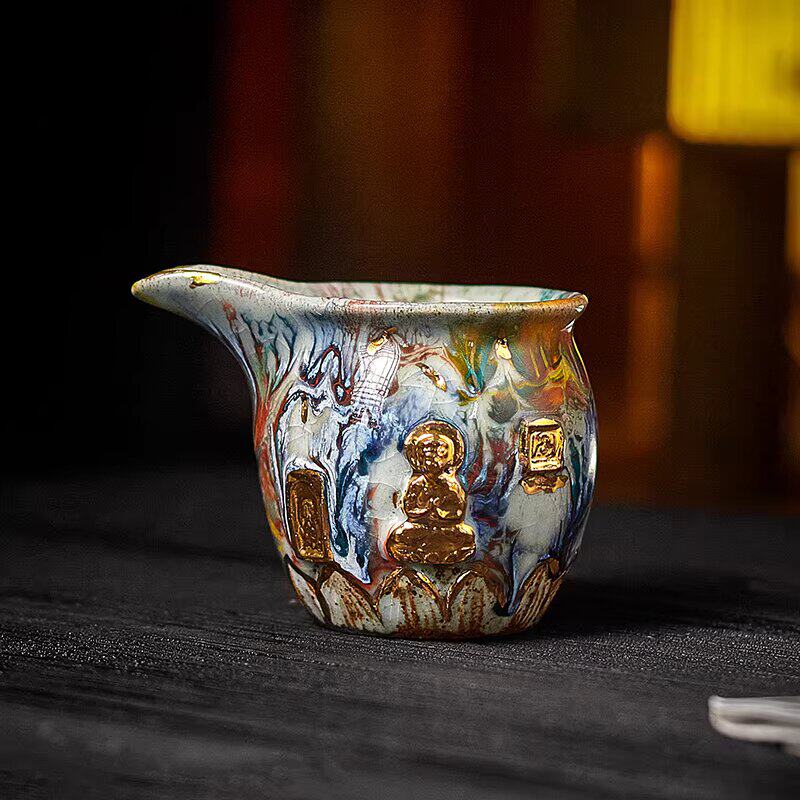 手工陶瓷公道杯彩色流彩金佛图案茶具高档中式功夫茶杯