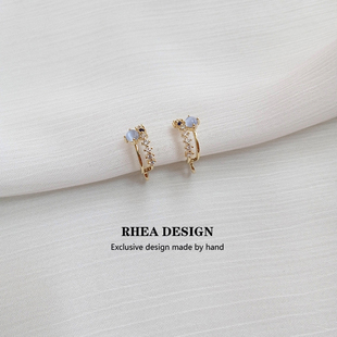 小众设计感高级蓝色锆钻轻奢耳环耳圈925纯银针复古耳饰无痛耳夹