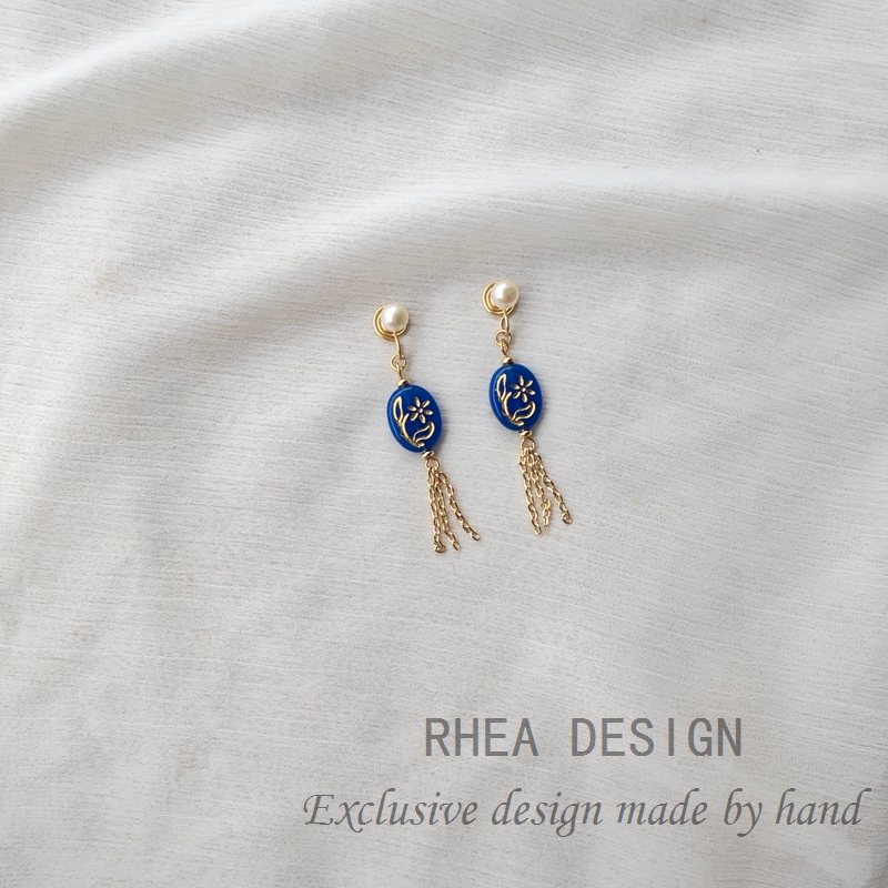 国风原创蓝色几何流苏耳环复古文艺耳针宫廷风气质优雅无痛耳夹