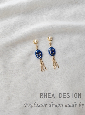 国风原创蓝色几何流苏耳环复古文艺耳针宫廷风气质优雅无痛耳夹