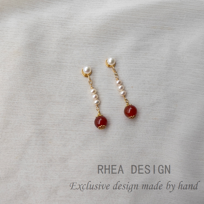 红玛瑙新中式耳环复古文艺古典珍珠耳钉高级古风优雅耳饰无痛耳夹