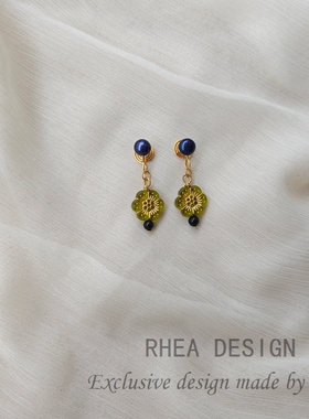 天然珍珠森系绿色花朵耳环女气质百搭小众设计高级感耳夹耳洞的