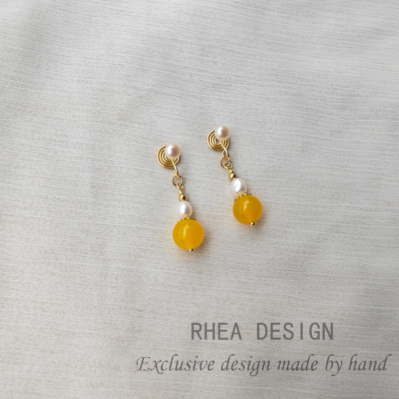 原创设计天然石黄色玛瑙耳环耳坠耳钉耳饰百搭天然珍珠无痛耳夹