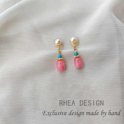 天然珍珠复古温柔粉色天然石耳钉耳环耳夹无耳洞女