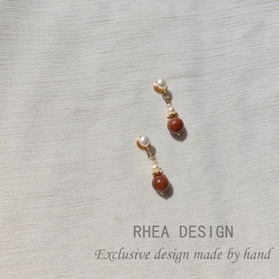 金沙石天然珍珠文艺复古气质手作设计耳环汉服耳饰无痛耳夹