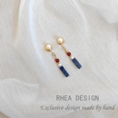 新中式 耳扣耳饰 长款 轻奢小众淡水珍珠蓝纹石耳钉耳夹 女