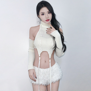 酒吧DS演出服新款 女DJ领舞台chic性感辣妹白色线衣辣妹爵士舞服装