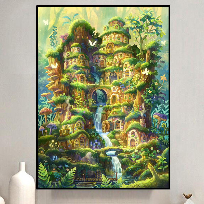 卡通现代简约风景钻石画2023新款绿色小屋5d点贴钻十字绣卧室满钻