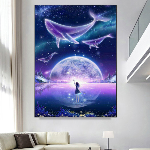卡通梦幻唯美鲸鱼风景钻石画粘钻