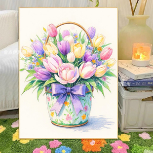 花卉钻石画2025新款 郁金香花篮手工点贴钻十字绣客厅卧室餐厅满钻