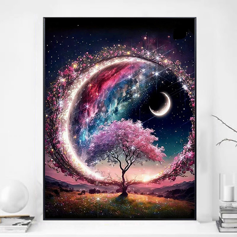 高级感月亮樱花树风景钻石画满钻