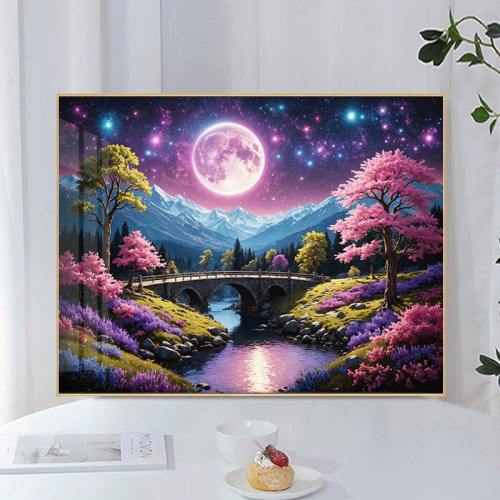 月亮樱花树风景钻石画2026新款手工5d点贴砖石十字绣客厅卧室满钻