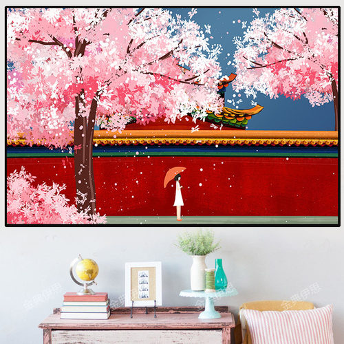 卡通女孩钻石画故宫樱花风景满钻