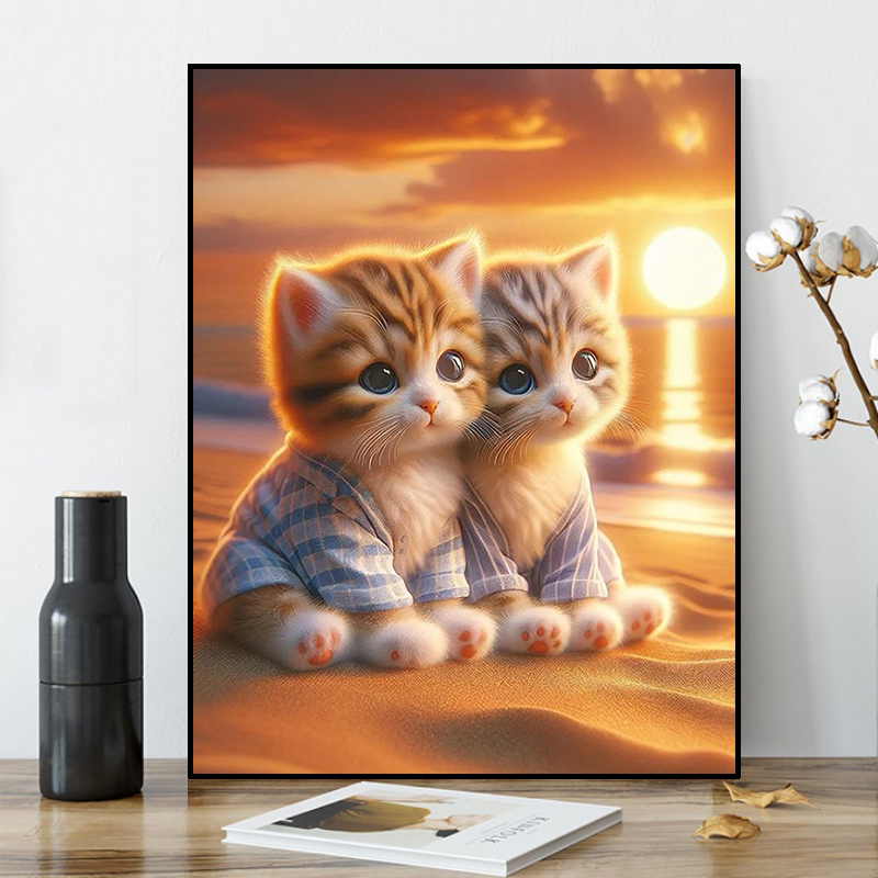 卡通可爱小幅动物沙滩猫咪钻石画