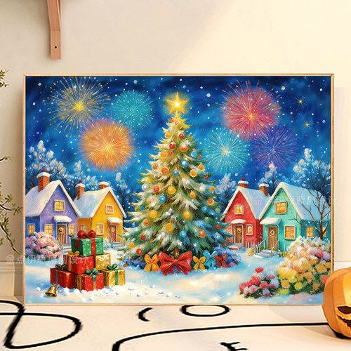 冬日圣诞树雪景烟花下小屋钻石画