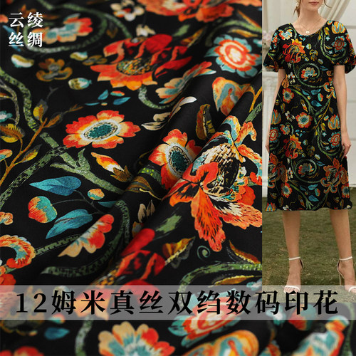云绫12姆米真丝抽象印花布料服装