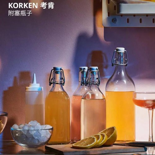 考肯附塞瓶子，透明玻璃1公升
