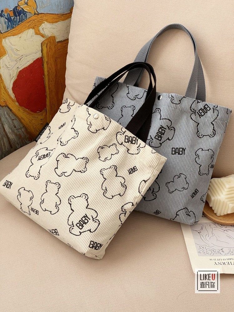 原创自制加厚韩版可爱小熊复古简约灯芯绒便携手提化妆包袋餐盒包